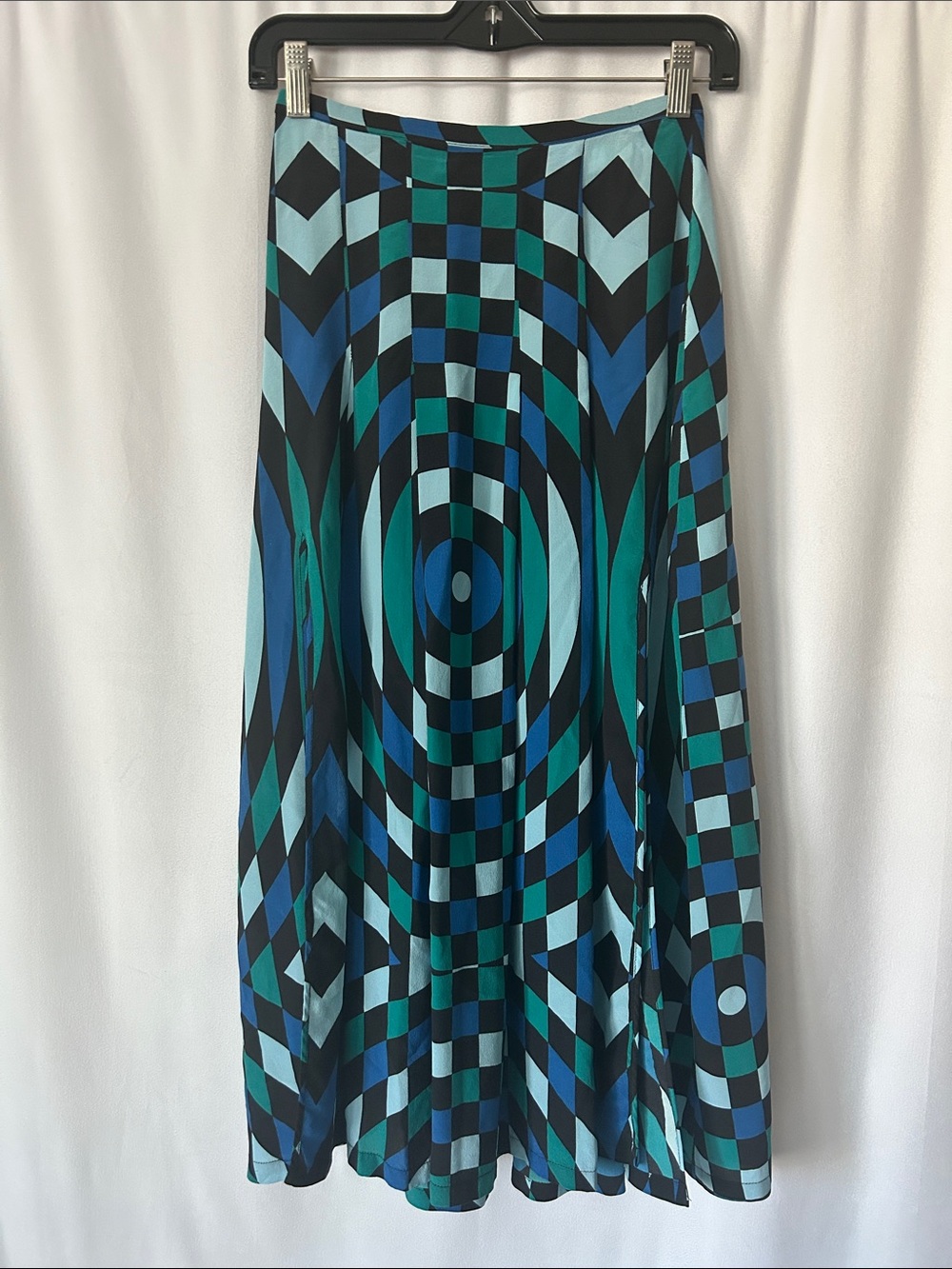 RIXO Modern Teal/Blue/Black Geometric Print 💯% Silk MIDI Skirt **Size XS** 🔥🔥